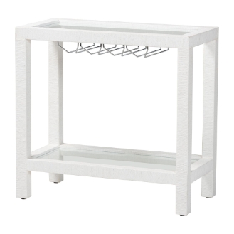 bali & pari Oaklynn Natural Grasscloth Wine Rack - Two-Tier Bar Table with Glass Shelves and Stemware Rack, Modern Coastal Console for Living Room or Dining Room, White