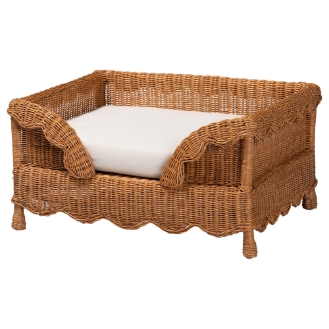 bali & pari Modesta Natural Rattan Accent Bench - Handwoven Wicker Seating with Scalloped Apron and X-Frame Base, Coastal Boho Entryway or Bedroom Seating