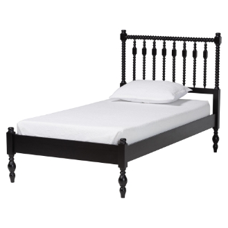 Baxton Studio Callison Spindle Platform Bed - Turned Farmhouse Bed Frame with Spoked Headboard and Sculpted Legs, Black, Twin
