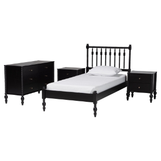 Baxton Studio Callison Spindle 4-Piece Bedroom Set - Farmhouse Platform Bed with Matching Dresser and 2-Drawer Nightstands, Black, Twin