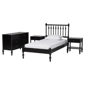 Baxton Studio Denita Spindle 4-Piece Bedroom Set - Farmhouse Platform Bed with Matching Dresser and 1-Drawer Nightstands, Black, Twin