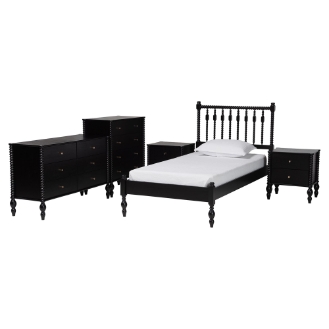 Baxton Studio Callison Spindle 5-Piece Bedroom Set - Farmhouse Platform Bed with Matching Dresser, Chest, and 2-Drawer Nightstands, Black. Twin