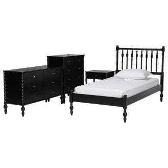 Baxton Studio Denita Spindle 4-Piece Bedroom Set - Farmhouse Platform Bed with Matching Dresser, Chest, and 1-Drawer Nightstand, Black, Twin