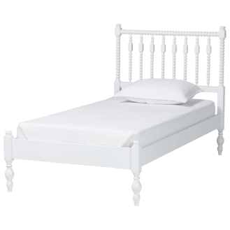 Baxton Studio Callison Spindle Platform Bed - Turned Farmhouse Bed Frame with Spoked Headboard and Sculpted Legs, White, Twin