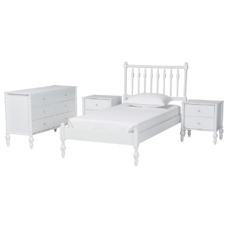 Baxton Studio Callison Spindle 4-Piece Bedroom Set - Farmhouse Platform Bed with Matching Dresser and 2-Drawer Nightstands, White, Twin