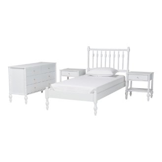 Baxton Studio Denita Spindle 4-Piece Bedroom Set - Farmhouse Platform Bed with Matching Dresser and 1-Drawer Nightstands, White, Twin