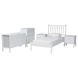 Baxton Studio Callison Spindle 5-Piece Bedroom Set - Farmhouse Platform Bed with Matching Dresser, Chest, and 2-Drawer Nightstands, White, Twin