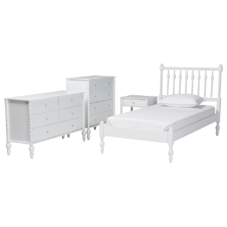 Baxton Studio Denita Spindle 4-Piece Bedroom Set - Farmhouse Platform Bed with Matching Dresser, Chest, and 1-Drawer Nightstand, White, Twin