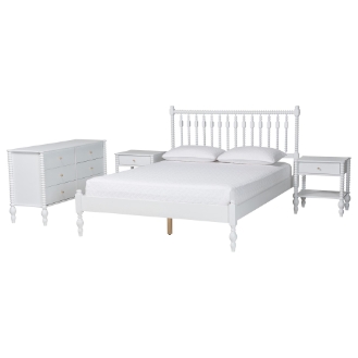 Baxton Studio Denita Spindle 4-Piece Bedroom Set - Farmhouse Platform Bed with Matching Dresser and 1-Drawer Nightstands, White, Full