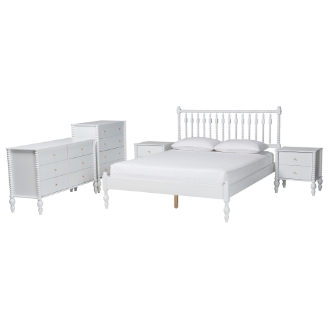 Baxton Studio Callison Spindle 5-Piece Bedroom Set - Farmhouse Platform Bed with Matching Dresser, Chest, and 2-Drawer Nightstands, White, Full