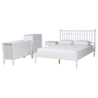 Baxton Studio Denita Spindle 4-Piece Bedroom Set - Farmhouse Platform Bed with Matching Dresser, Chest, and 1-Drawer Nightstand, White, Full