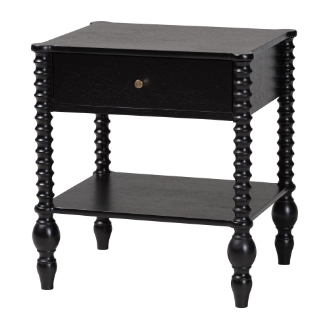 Baxton Studio Callison Spindle Nightstand - 1-Drawer Farmhouse Bedside Table with Open Shelf Storage and Turned Accents for Bedroom, Black