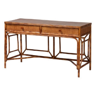 bali & pari Basile Marbled Tortoise Natural Rattan Desk - 2-Drawer Writing Desk with Open Geometric Frame and Woven Detailing for Home Office