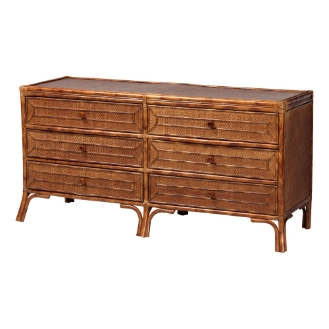 bali & pari Basile Marbled Tortoise Natural Rattan Dresser - 6-Drawer Horizontal Storage Cabinet with Geometric Overlay for Bedroom