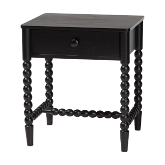 Baxton Studio Brantley Spindle Nightstand - 1-Drawer Bedside Table with Beaded Frame and Open Base for Bedroom, Black