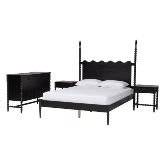 Baxton Studio Brantley Spindle 4-Piece Bedroom Set - Farmhouse Bed Frame with Matching Dresser and 1-Drawer Nightstands, Black, King