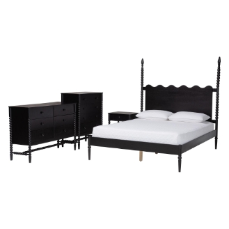 Baxton Studio Brantley Spindle 4-Piece Bedroom Set - Farmhouse Bed Frame with Matching Dresser, Chest, and 1-Drawer Nightstand, Black, King
