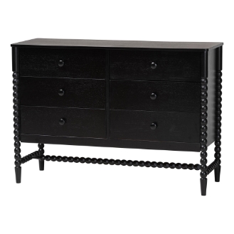 Baxton Studio Brantley Spindle Dresser - 6-Drawer Horizontal Storage Cabinet with Beaded Frame and Elevated Base for Bedroom, Black