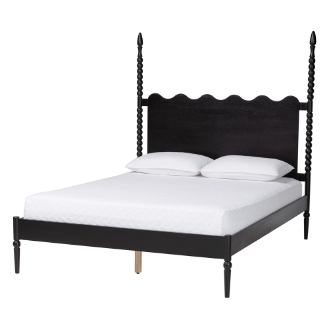 Baxton Studio Brantley Spindle Platform Bed - Farmhouse Bed Frame with Scalloped Headboard and Turned Posts, Black, King