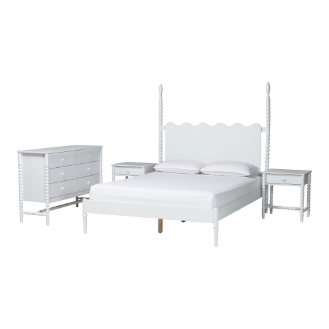 Baxton Studio Brantley Spindle 4-Piece Bedroom Set - Farmhouse Bed Frame with Matching Dresser and 1-Drawer Nightstands, White, King