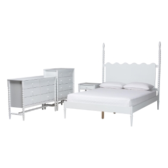 Baxton Studio Brantley Spindle 4-Piece Bedroom Set - Farmhouse Bed Frame with Matching Dresser, Chest, and 1-Drawer Nightstand, White, King