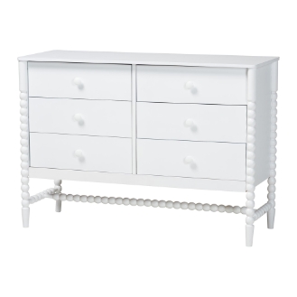 Baxton Studio Brantley Spindle Dresser - 6-Drawer Horizontal Storage Cabinet with Beaded Frame and Elevated Base for Bedroom, White