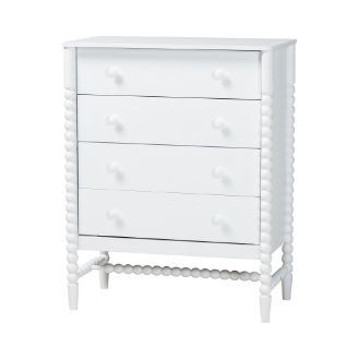 Baxton Studio Brantley Spindle Chest - 4-Drawer Vertical Storage Cabinet with Beaded Frame and Elevated Base for Bedroom, White