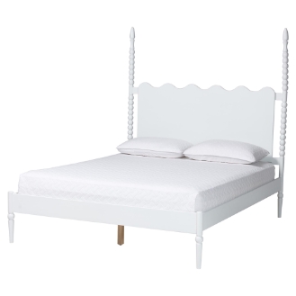 Baxton Studio Brantley Spindle Platform Bed - Farmhouse Bed Frame with Scalloped Headboard and Turned Posts, White, King