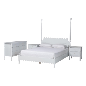 Baxton Studio Hoffman 4-Piece Scalloped Bedroom Set - Farmhouse Bed Frame with Matching Dresser and 2-Drawer Nightstands, White, King