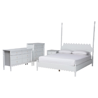 Baxton Studio Hoffman 4-Piece Scalloped Bedroom Set - Farmhouse Bed Frame with Matching Dresser, Chest, and 2-Drawer Nightstand, White, King