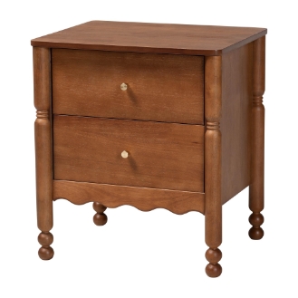 Baxton Studio Hoffman Nightstand - 2-Drawer Bedside Table with Scalloped Apron and Turned Legs for Bedroom, Walnut Brown