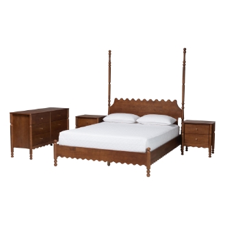 Baxton Studio Hoffman 4-Piece Scalloped Bedroom Set - Farmhouse Bed Frame with Matching Dresser and 2-Drawer Nightstands, Walnut Brown, King