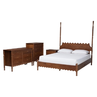 Baxton Studio Hoffman 4-Piece Scalloped Bedroom Set - Farmhouse Bed Frame with Matching Dresser, Chest, and 2-Drawer Nightstand, Walnut Brown, King