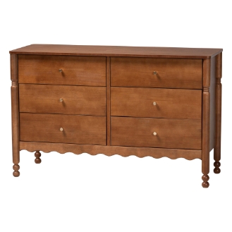 Baxton Studio Hoffman Dresser - 6-Drawer Horizontal Storage Cabinet with Scalloped Apron and Turned Legs for Bedroom, Walnut Brown