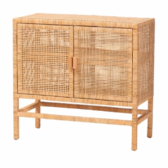 bali & pari Vivan Natural Rattan Storage Cabinet - 2-Tier Handwoven Wicker Accent Cabinet with Double Doors and Elevated Base, Natural Brown