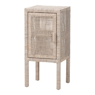 bali & pari Vivan Natural Rattan Nightstand - Handwoven Wicker Accent Bedside Table with Interior Shelving and Elevated Base, French Grey