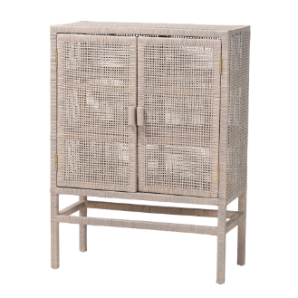 bali & pari Vivan Natural Rattan Storage Cabinet - 3-Tier Handwoven Wicker Accent Cabinet with Double Doors and Elevated Base, French Grey