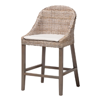 bali & pari Lara Kubu Rattan Counter Stool with Cushion - Handwoven Wicker Accent Stool with Wingback Design for Kitchen Island