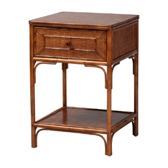 bali & pari Basile Marbled Tortoise Natural Rattan End Table - Handwoven Wicker Accent Table with Geometric Overlay Drawer and Open Shelf for Living Room