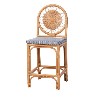 bali & pari Oberon Natural Rattan Counter Stool with Cushion - Handwoven Wicker Kitchen Island Seating with Sunburst Backrest