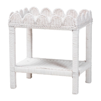 bali & pari Sumana Natural Rattan Side Table - Handwoven Wicker 2-Tier Accent End Table with Scalloped Tray Top for Living Room, White