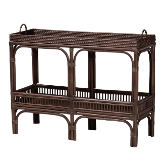 bali & pari Lombok Natural Rattan Console Table - Handwoven Wicker 2-Tier Accent Table with Raised Tray Top for Living Room or Entryway, Espresso
