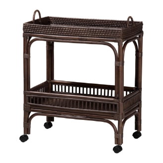 bali & pari Lombok Natural Rattan Wine Cart - Handwoven Wicker 2-Tier Mobile Bar Cart with Raised Tray Top Kitchen or Lounge, Espresso