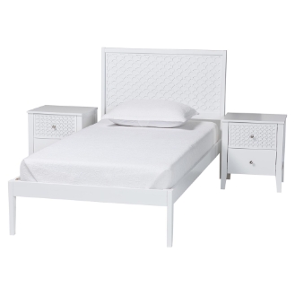Baxton Studio Lara Twin 3-Piece Bedroom Set - Modern Wood Bed Frame with Matching Nightstands, Decorative Laser-Cut Headboard Overlay, White