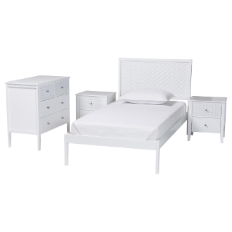 Baxton Studio Lara Twin 4-Piece Bedroom Set - Modern Wood Bed Frame with Matching Nightstands and Dresser, Decorative Laser-Cut Overlay, White