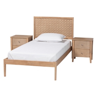 Baxton Studio Lara Twin 3-Piece Bedroom Set - Modern Wood Bed Frame with Matching Nightstands, Decorative Laser-Cut Headboard Overlay, Oak Brown
