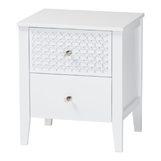 Baxton Studio Lara Nightstand - 2-Drawer Bedside Table with Laser-Cut Geometric Overlay for Bedroom or Guest Room, White