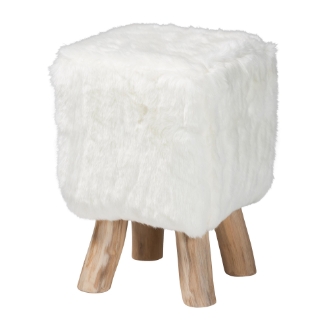 bali & pari Scotlyn Faux Fur Footstool with Teak Wood Legs - Rustic Boho Accent Seat, Handmade Decorative Footrest for Living Room or Bedroom, White