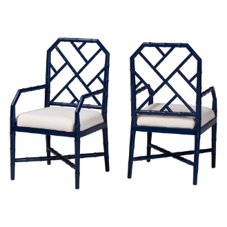 bali & pari Sergio Wood 2-Piece Dining Chair Set - Chippendale Side Chair with Bamboo Motif and Upholstered Seat Cushion, Navy Blue
