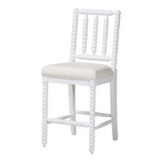 bali & pari Deya Bobbin Counter Stool - Sculptural Wood Kitchen Seating with Upholstered Seat and Spindle Back, White